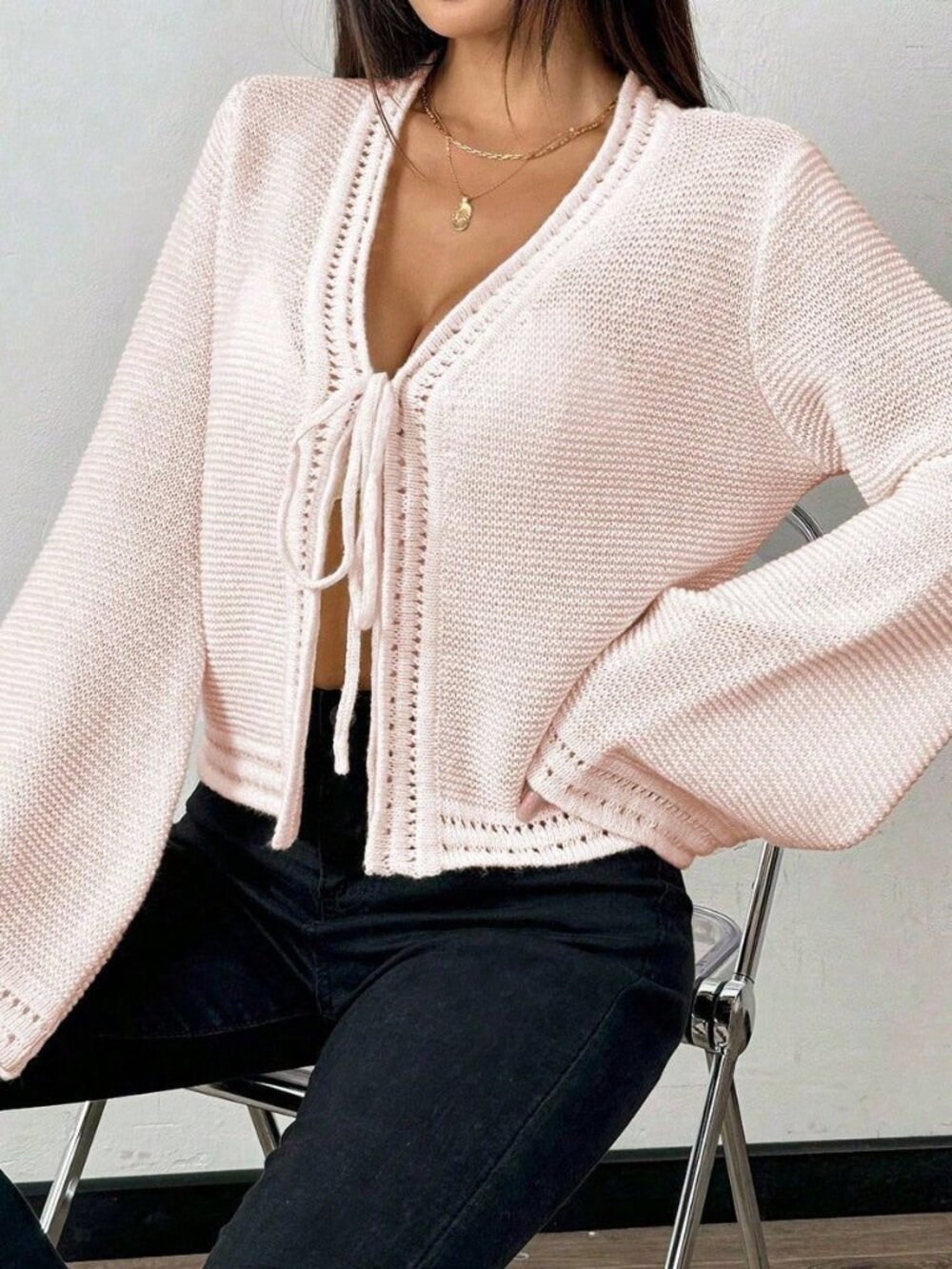 Baby Pink Casual Women's Tie Flare Sleeve Cardigan - Picture 4 of 6